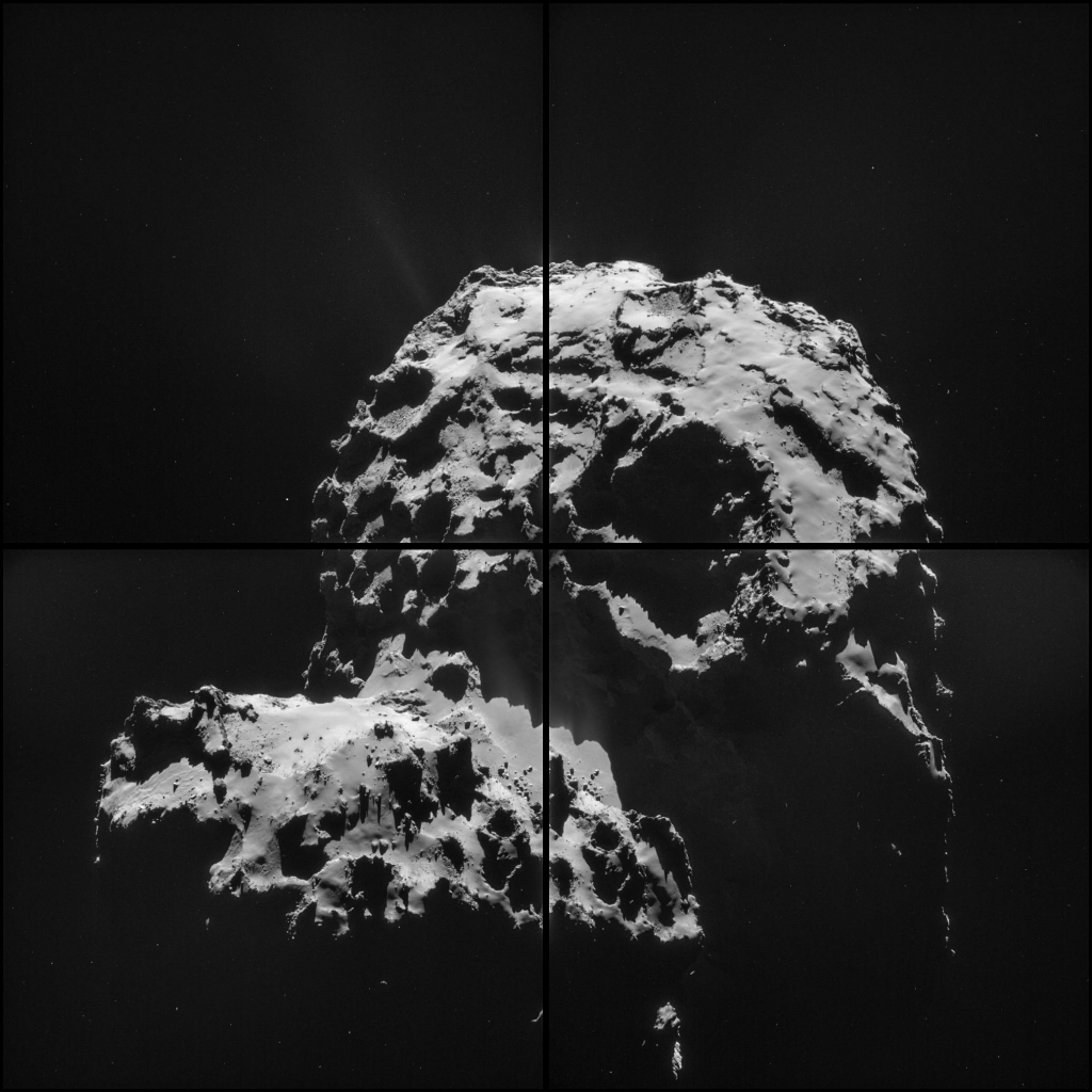 Эта мозаика составлена из четырех снимков, сделанных 30 ноября 2014 года с расстояния 30,2 км от центра кометы Чурюмова-Герасименко.